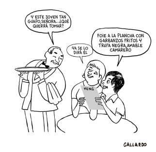 Viñeta de Miguel Gallardo en la cual un camarero se dirige a la acompañante de una persona con discapacidad, aparentemente con Síndrome de Down, de manera infantil preguntando 'y este joven tan guapo, señora... ¿Qué querrá tomar?'. Ella le responde que 'ya se lo dirá él' y el hombre responde 'Foie a la plancha con garbanzos fritos y trufa negra, amable camarero'.