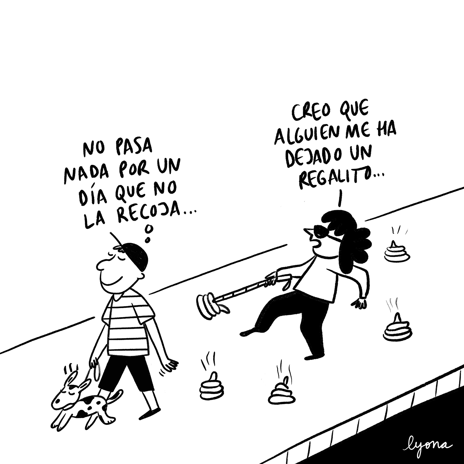 Viñeta de Lyona donde un hombre paseando a su perro no recoge las cacas y, detrás, una mujer con discapacidad visual las pisa