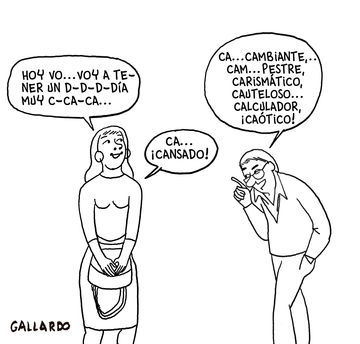 Viñeta de Miguel Gallardo en la cual una mujer con tartamudez intenta terminar una frase mientras su interlocutor intenta adivinar lo que va a decir sin dejarla terminar.