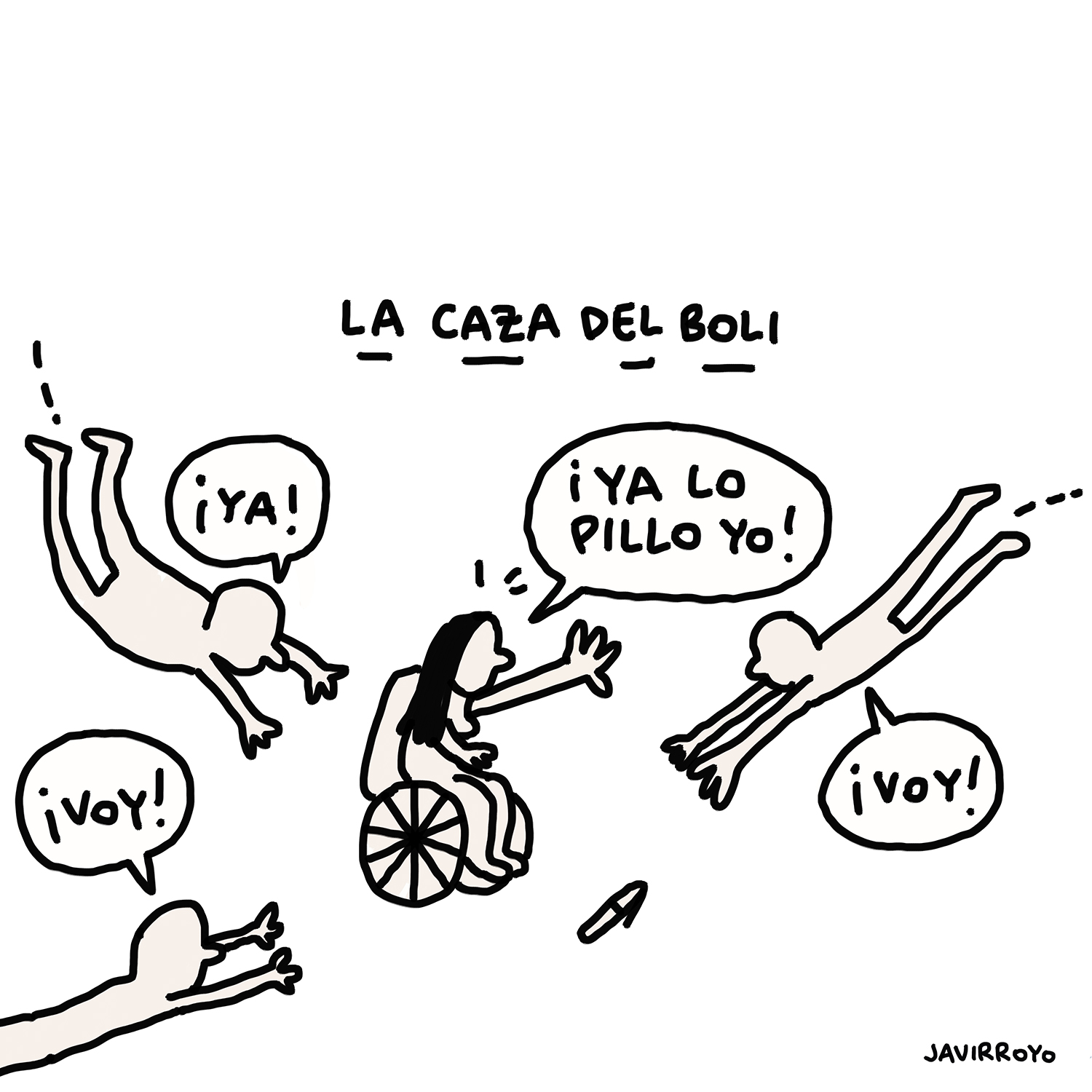 Viñeta de Javier Royo en la que una mujer en silla de ruedas quiere coger un boli del suelo pero todos los de su alrededor se lo quieren coger