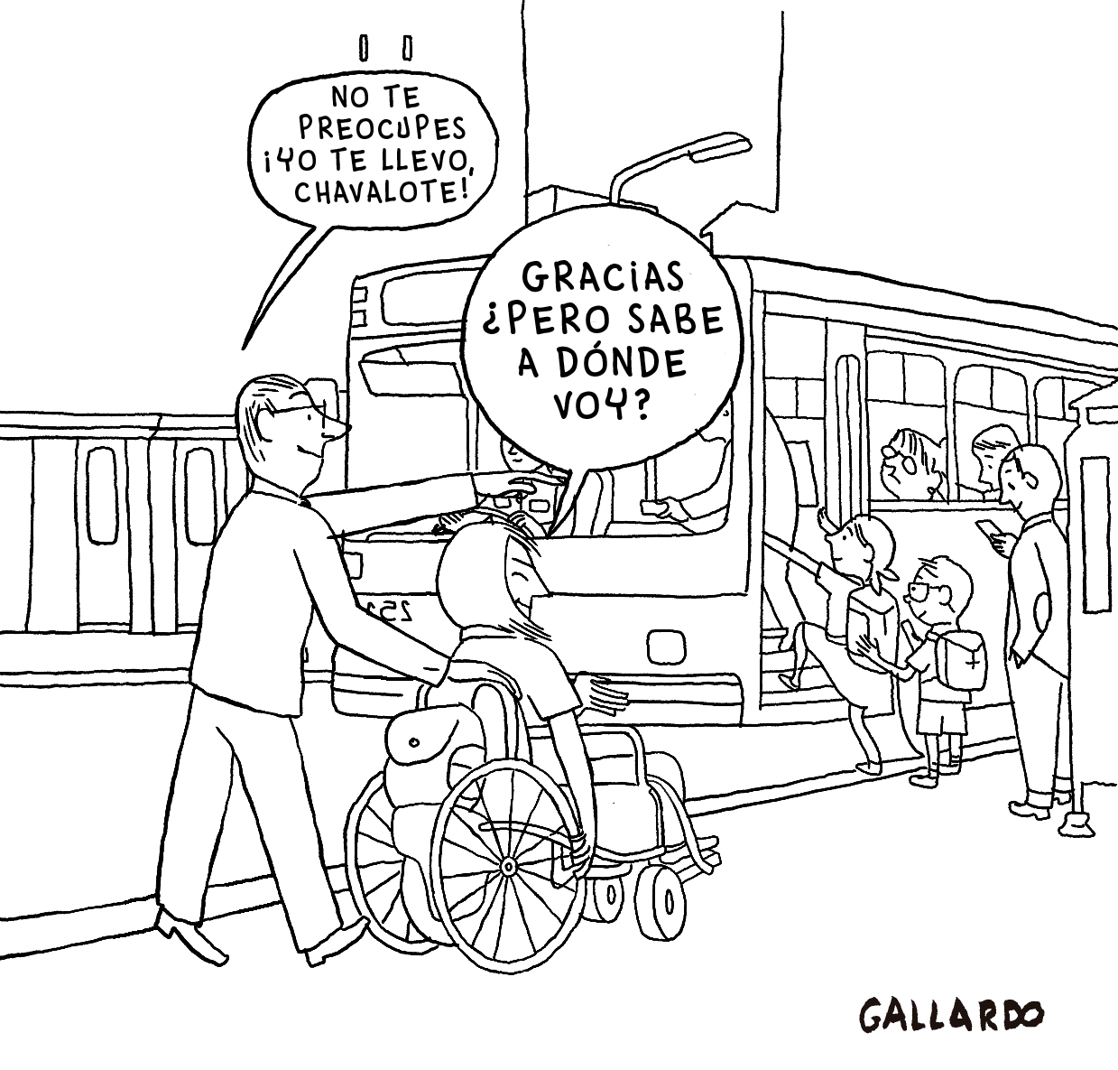 Viñeta de Miguel Gallardo en la que un hombre quiere ayudar a un chico en silla de ruedas llevándolo, pero sin preguntarle a dónde va.